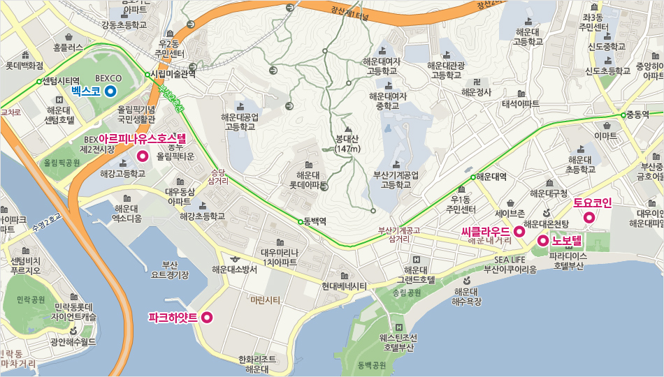 숙박 호텔 위치가 표시된 큰 지도